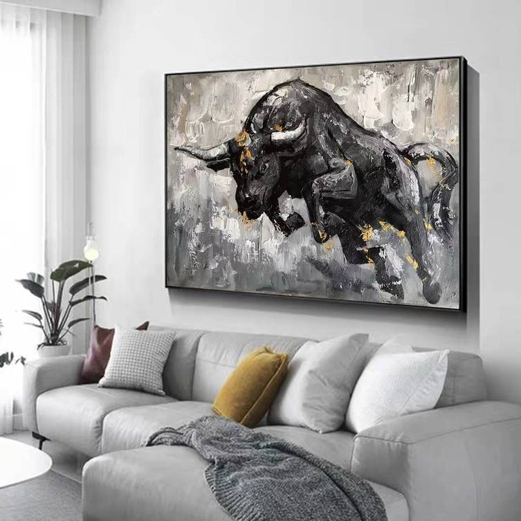 Bull Original Black Painting Modern Abstract Canvas Wall Art MJSC4